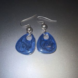 Blue dangle pierced earrings-teardrop blue enamel sparkle black blue swirl
